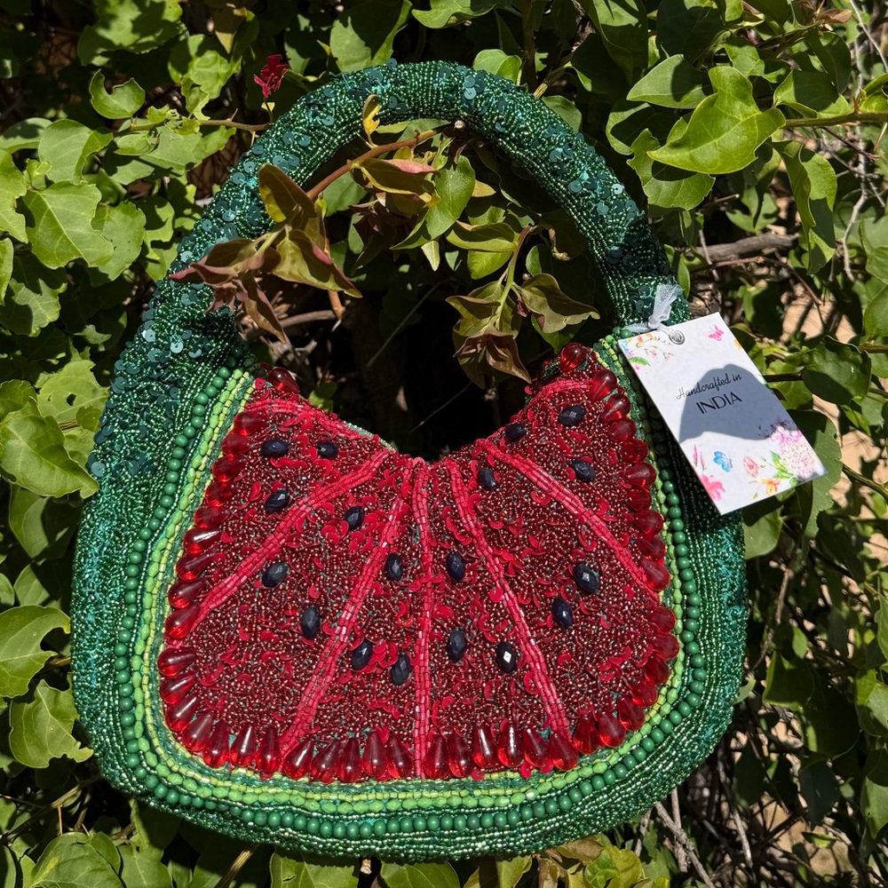 NWT Watermelon Slice Red Green Beaded Bag Made in India Handcrafted Brand New - Picture 1 of 3